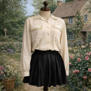 Vintage 1980s Forenza Cream, Rayon, Button-Up Blouse With Faux Pearl Detail